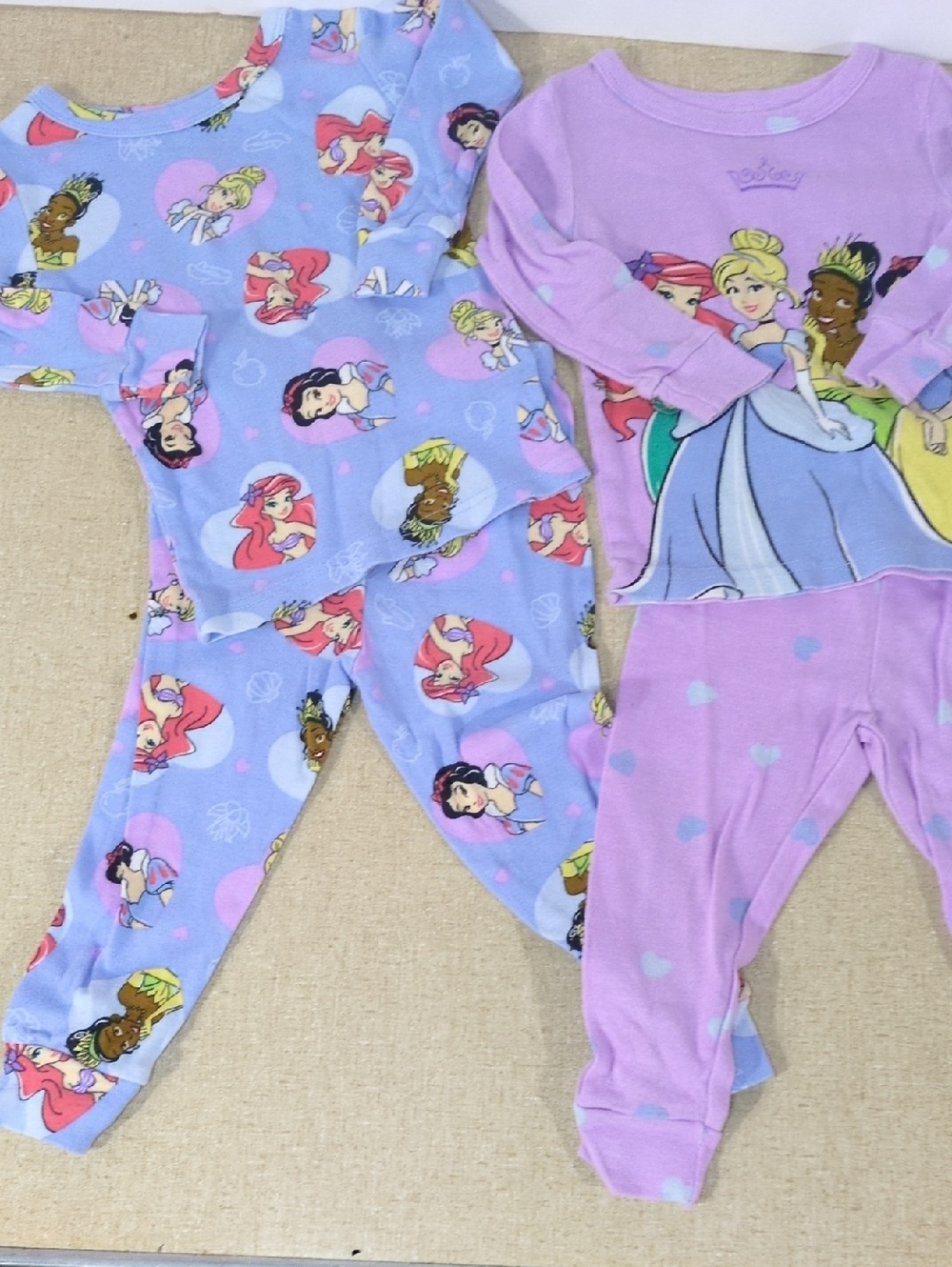 2 Sets Girls Disney Princess Pink & Lavender Pajamas 2T Ariel Tiana Lot Bundle